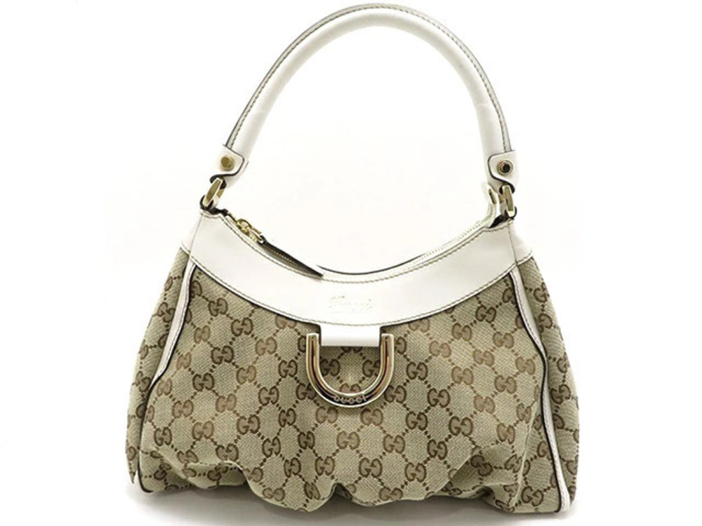 Gucci Abbey GG Hobo Bag Brown Ivory White Canvas Calfskin